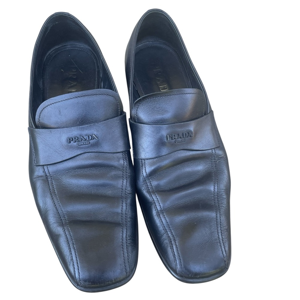 LUXURY PRADA LOGO BUSINESS SHOES 4D2793‎ BLACK LEATHER, Size 9, EUC, W/COA